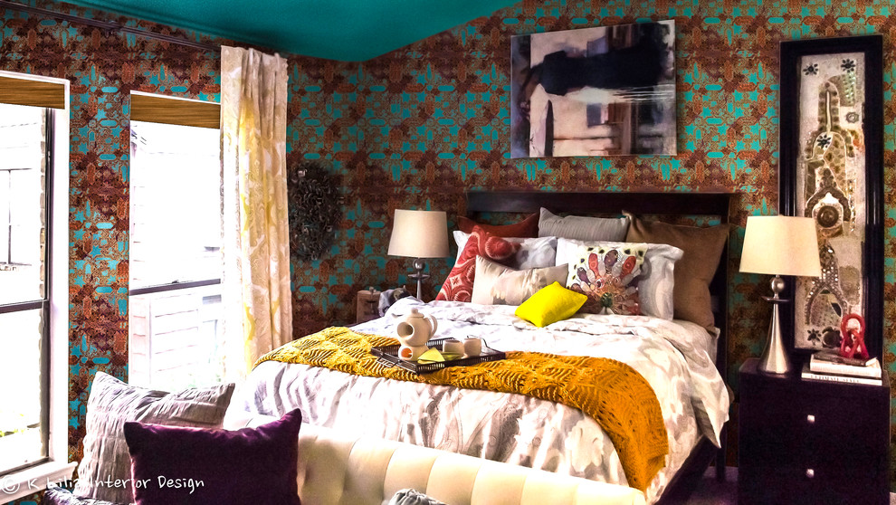Inspiration for a mid-sized eclectic master bedroom in Houston with multi-coloured walls, no fireplace, carpet and beige floor.