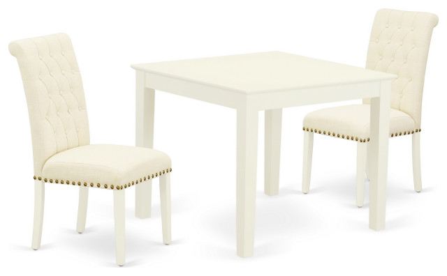 3-Piece Set, Kitchen Table, 2 Parson Chairs-Light Beige Fabric, White