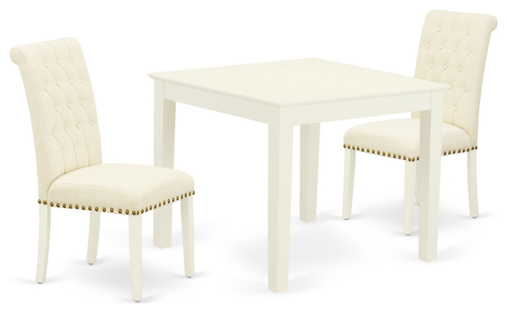 3-Piece Set, Kitchen Table, 2 Parson Chairs-Light Beige Fabric, White