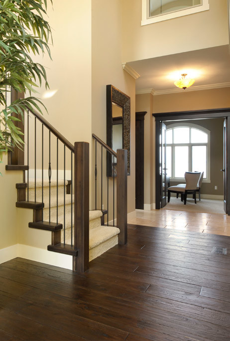 Inspiration for a transitional entryway in Vancouver with beige walls and dark hardwood floors.
