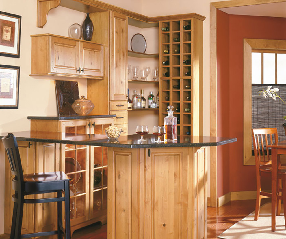 Eat-in kitchen - large rustic laminate floor and brown floor eat-in kitchen idea with light wood cabinets, laminate countertops and brown countertops