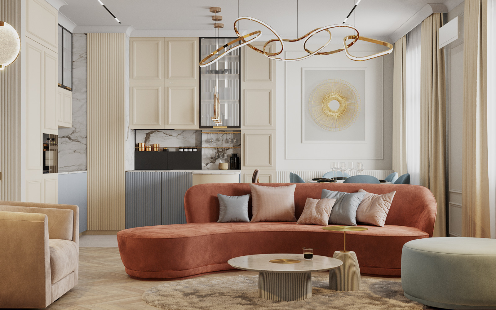 Современная классика. Квартира более 100м2. Кухня-гостиная-столовая