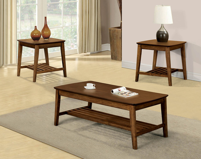 Transitional Stye Wooden 3 Piece Table Set With Slatted Bottom Shelf