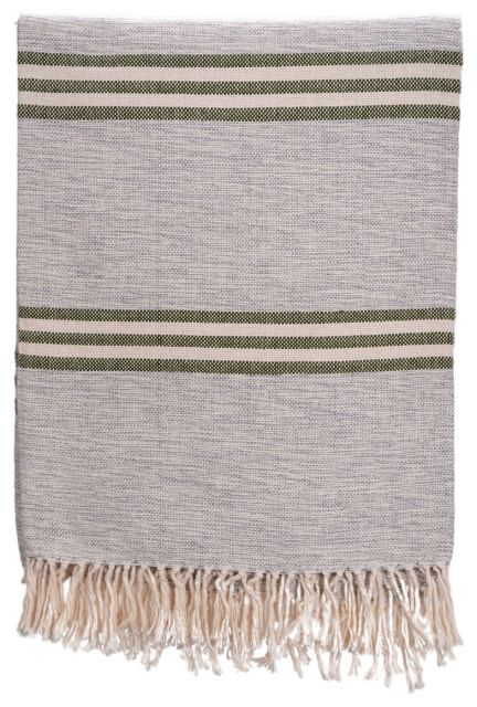 Mixed Weave Cotton Throws & Blankets, Garden Olive Green and Grey Stripes, Mediu