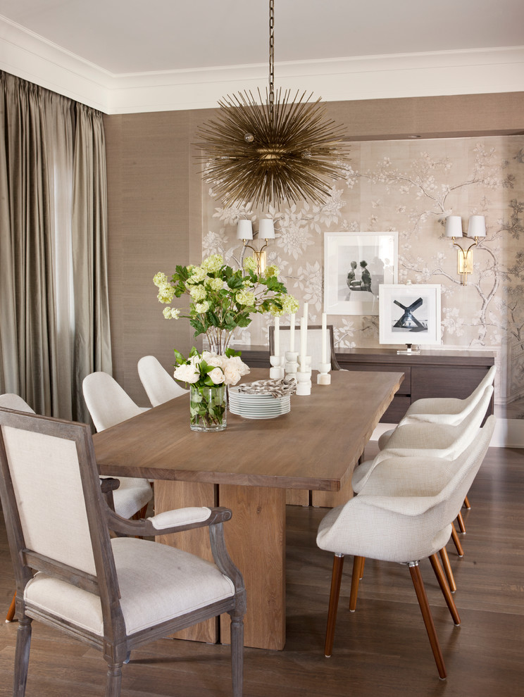 Photo of a transitional open plan dining in Calgary with dark hardwood floors and brown walls.