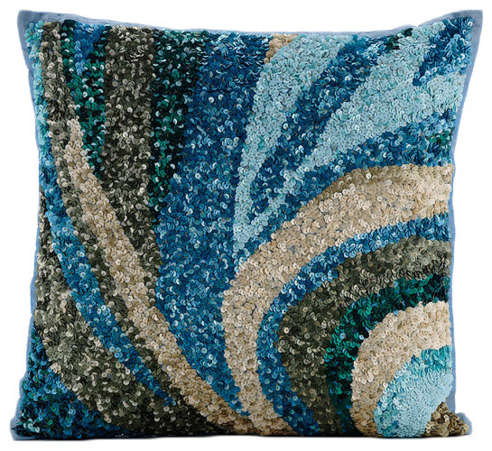 Sequins Sea Waves 16"x16" Art Silk Light Blue Accent Pillows, Waves Are Scenic