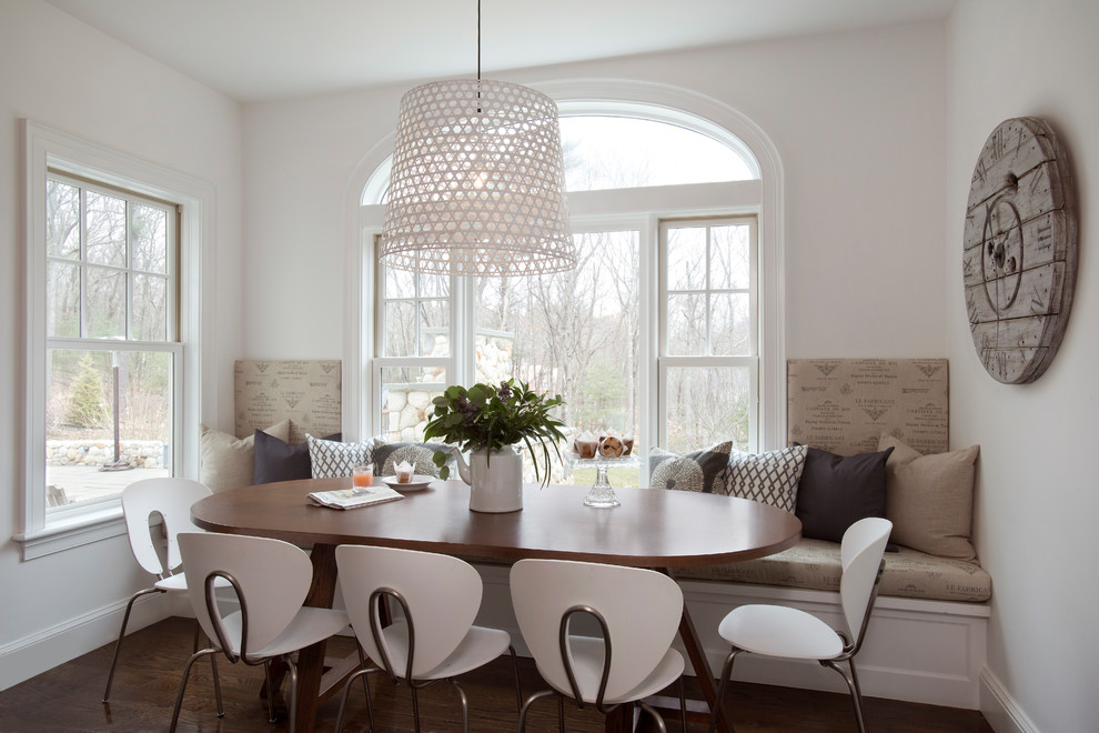 Great room - large transitional single-wall limestone floor and beige floor great room idea in Boston with a drop-in sink, shaker cabinets, gray cabinets, white backsplash, marble backsplash, stainless steel appliances, an island, white countertops and white walls