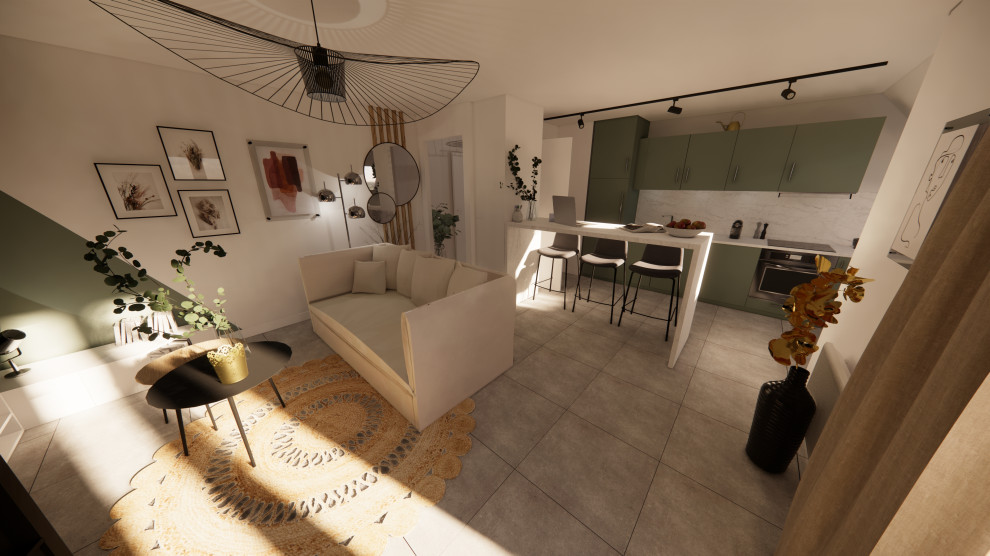 Источник вдохновения для домашнего уюта: маленькая открытая гостиная комната в современном стиле с зелеными стенами, полом из керамической плитки, отдельно стоящим телевизором и серым полом без камина для на участке и в саду
