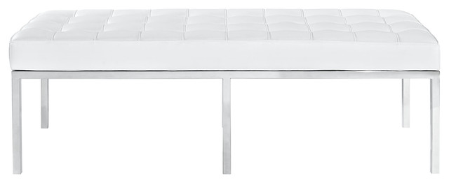 Mid-Century Classic Three-Seat Bench White Leather  and  Stainless Steel