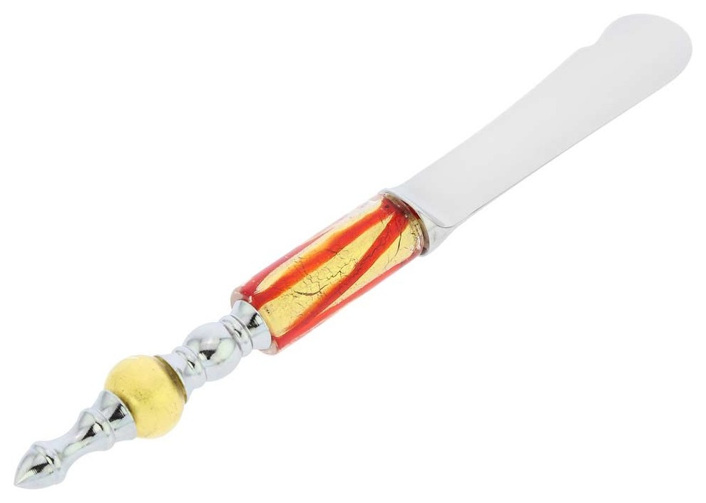 GlassOfVenice Italian Murano Glass Butter Spreader Red Gold Waves