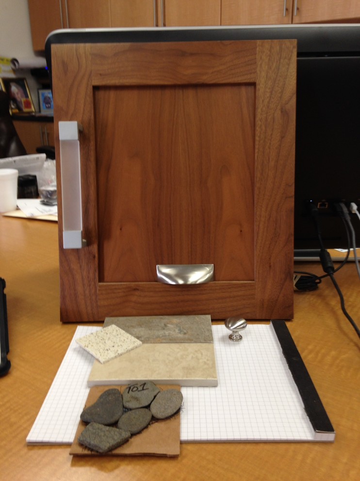 Cabinets - Walnut stain vanity, shaker door &  brushed nickel pulls