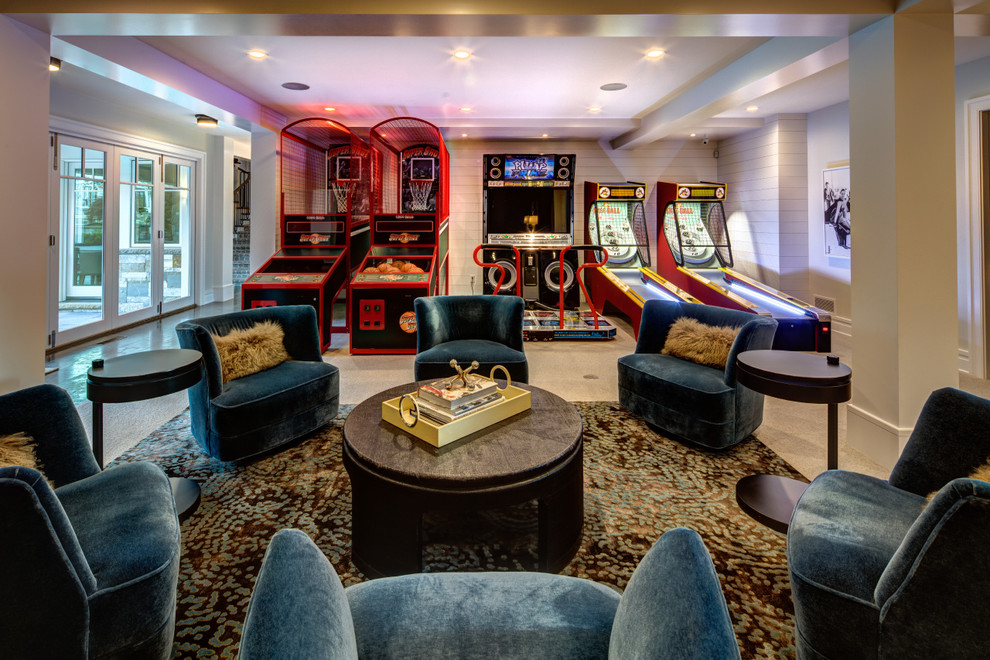Inspiration for an expansive transitional open concept family room in Orange County with a game room, white walls, ceramic floors and beige floor.