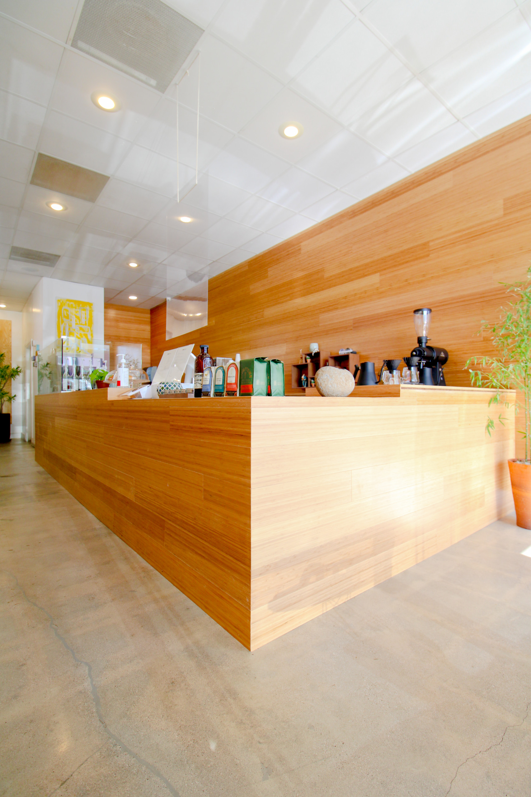 Bamboo Paneled Wall & Counter Area, Cement Flooring