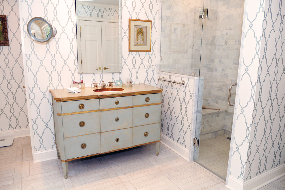 This is an example of a transitional master bathroom in Other with a pedestal sink and a curbless shower.