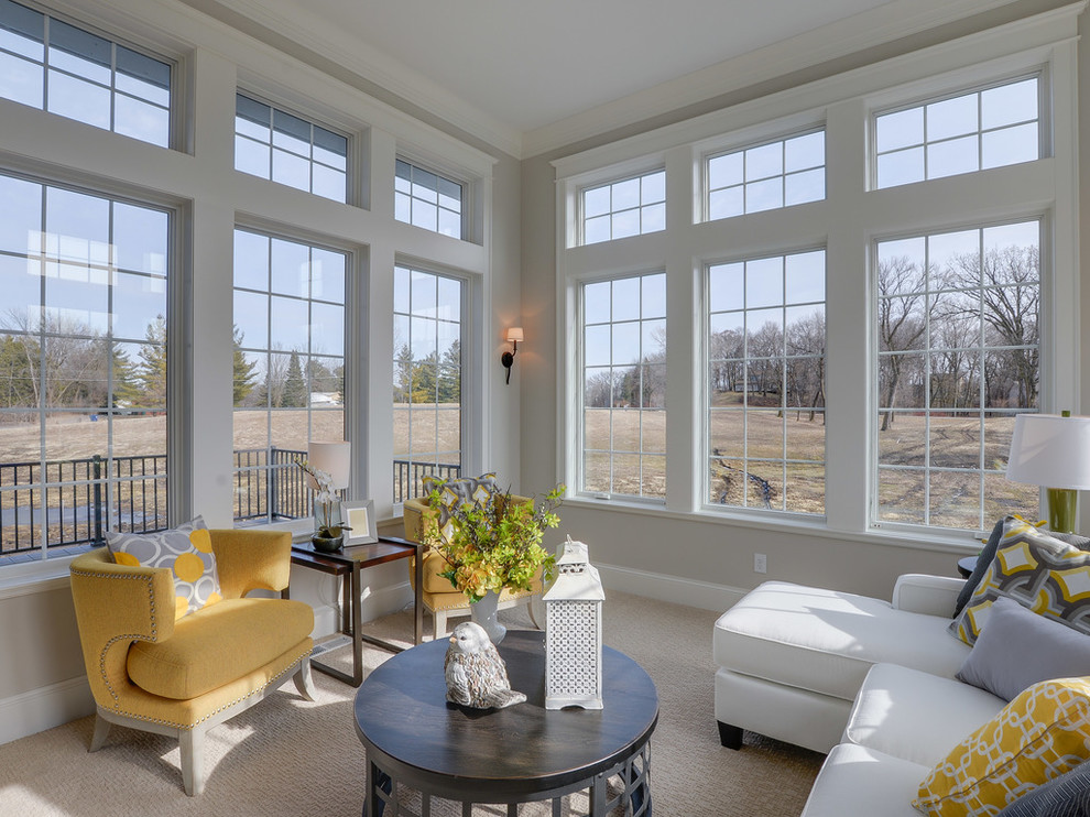 Photo of a transitional sunroom in Minneapolis with carpet, a standard ceiling and grey floor.