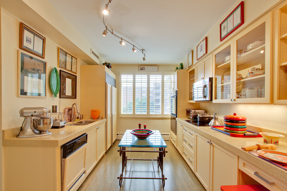 Design ideas for an eclectic galley separate kitchen in DC Metro with shaker cabinets, a double-bowl sink, yellow cabinets and panelled appliances.