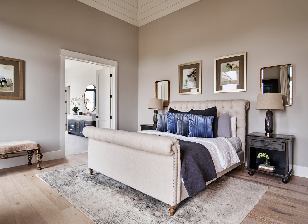 Transitional master bedroom in Other with grey walls, medium hardwood floors and brown floor.