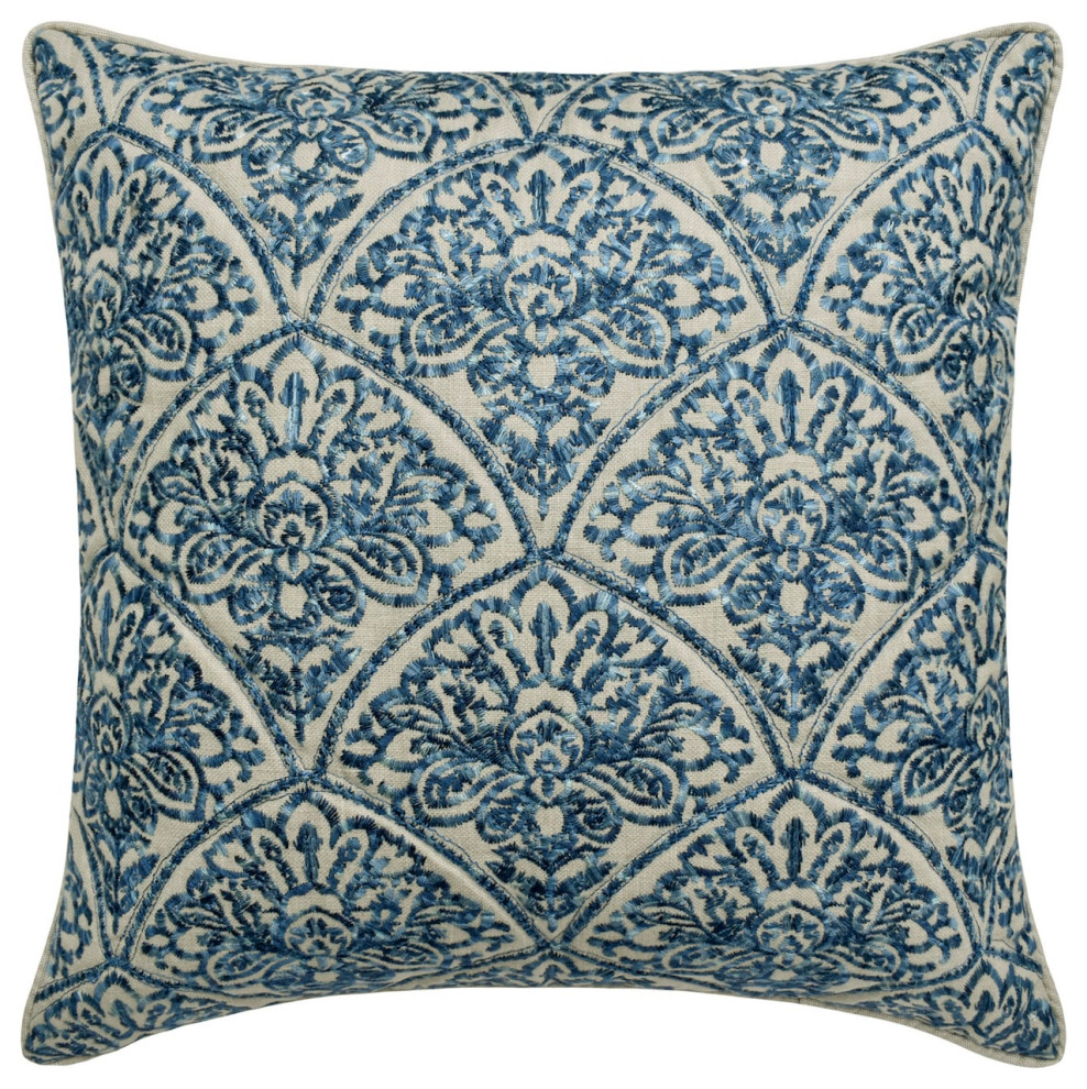 Blue Art Silk Sequins & Beaded Bird Pillows Cover, Birdy Flight, 23. Blue (Farzeen), 26"x26"