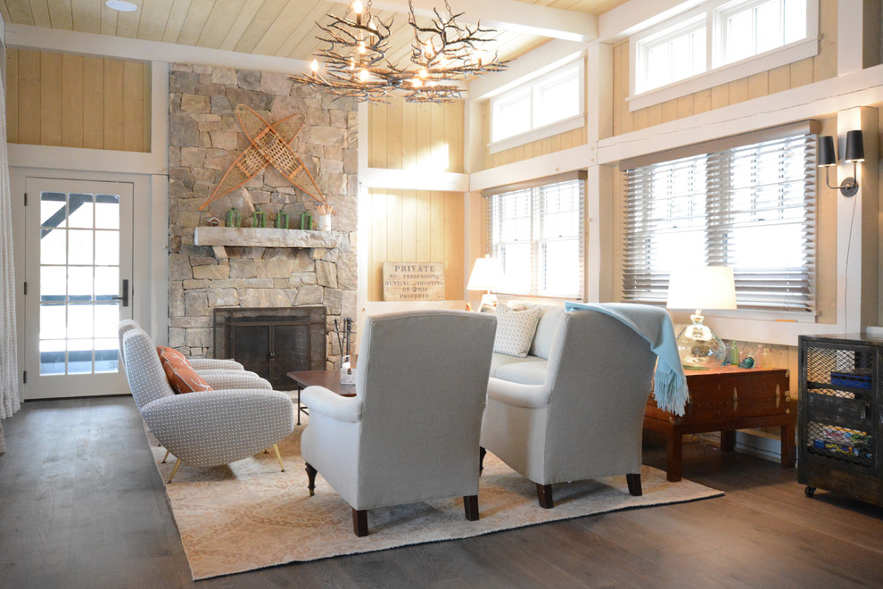 Design ideas for a mid-sized country formal open concept living room in Bridgeport with beige walls, vinyl floors, a standard fireplace and a stone fireplace surround.