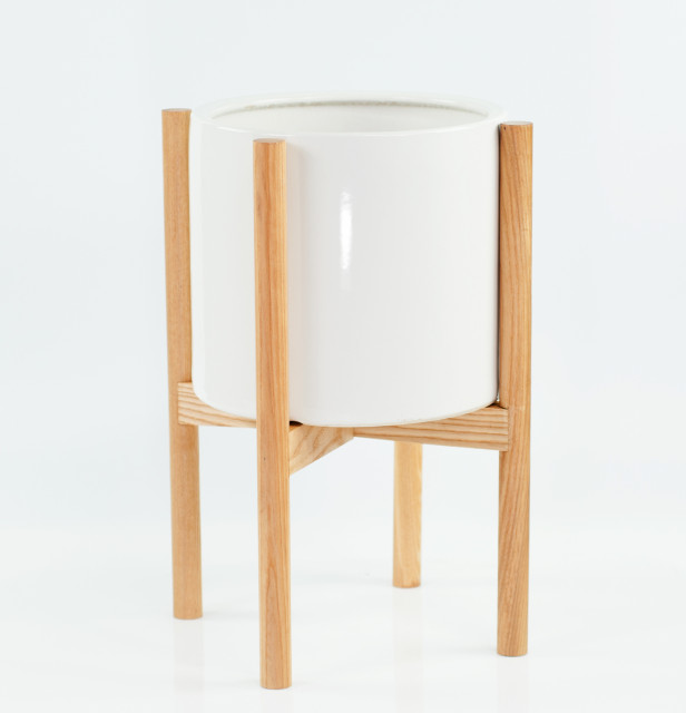 Large Ceramic Cylinder Pot 10 White With Wood Plant Stand Natural Large Ceramic Cylinder Pot 10 White With Wood Plant Stand Natural Scandinavian Outdoor Pots And Planters By Upshining Home Garden S