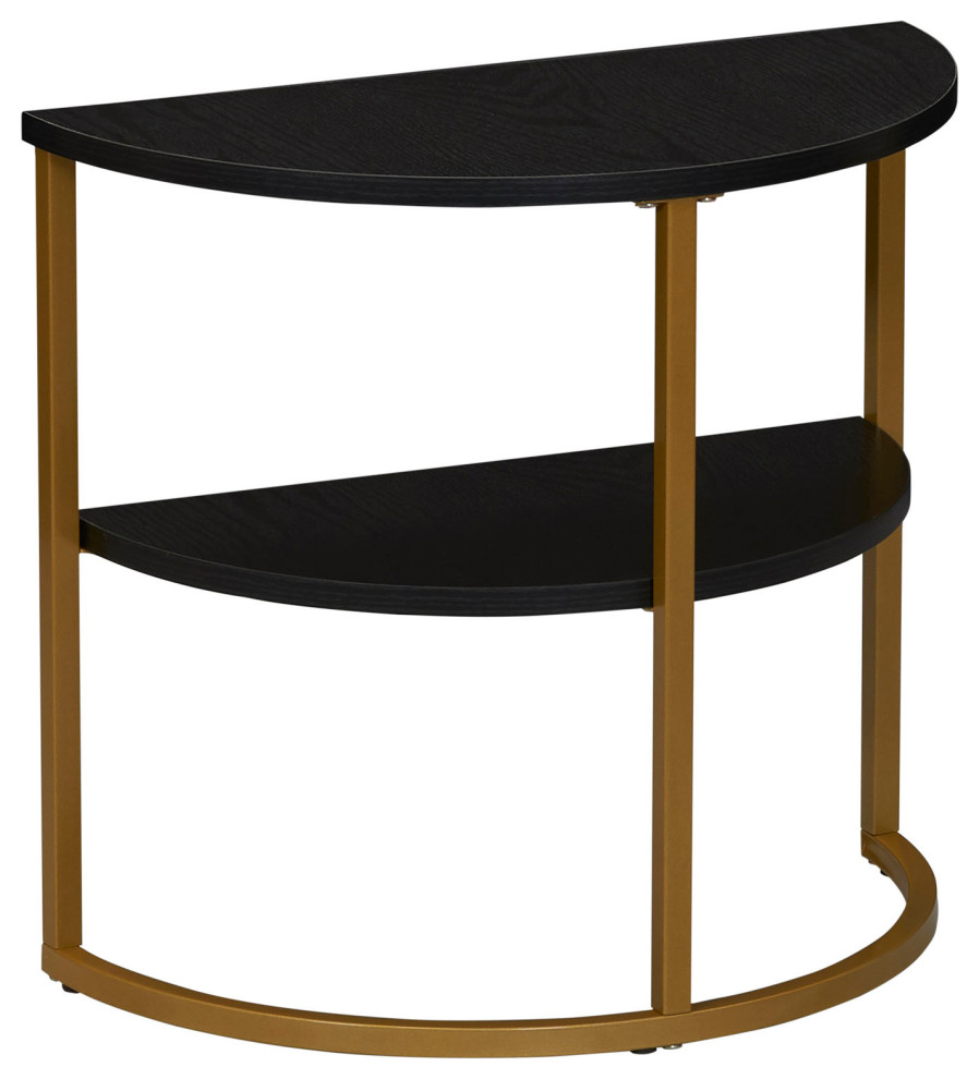 Half Moon Side End Table With Storage Shelf Black Oak Wood Grain and
