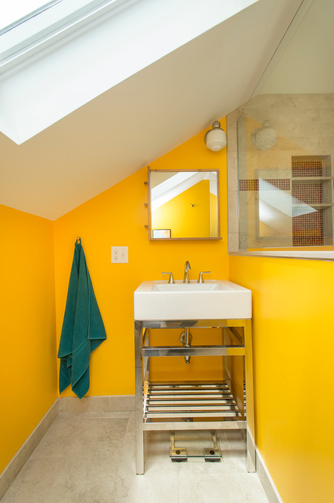 Small contemporary 3/4 bathroom in Boston with yellow walls, a console sink, a corner shower, beige tile, ceramic tile, ceramic floors and a two-piece toilet.