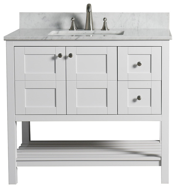 WoodBridge 36" Solid Wood Vanity With Carrera White Marble Top, Right Drawer