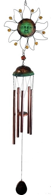 24" Metal Wind Chime with Sun Face and Metallic Beads, Copper/Green