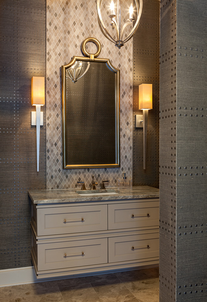 Design ideas for a transitional powder room in DC Metro.