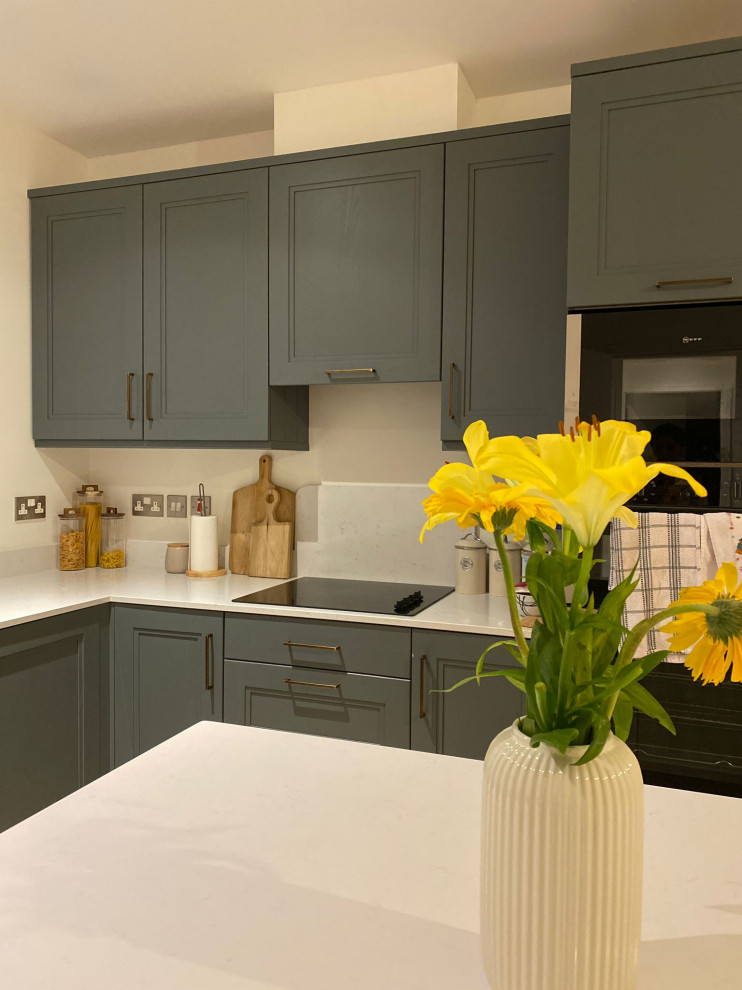 Moderne Küche mit Schrankfronten im Shaker-Stil, grauen Schränken, Elektrogeräten mit Frontblende, Laminat, Kücheninsel, buntem Boden und bunter Arbeitsplatte in Dublin
