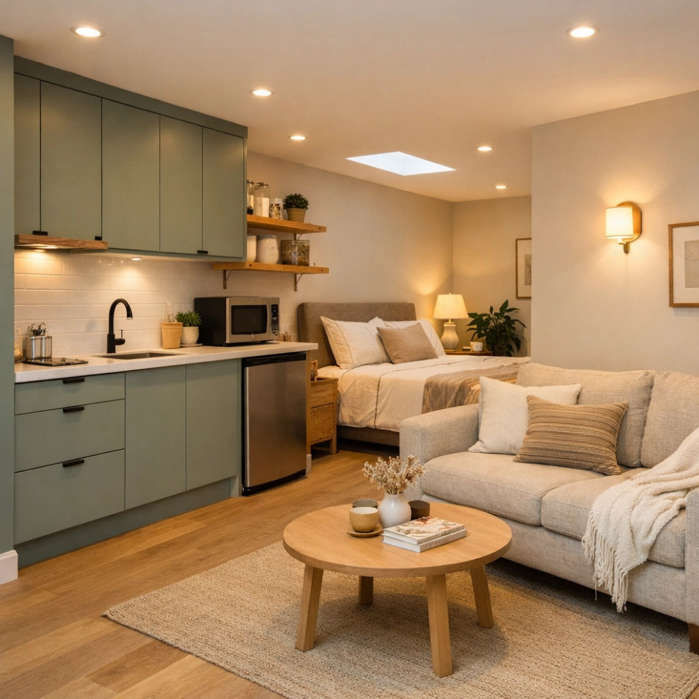 living room, kitchen & bedroom