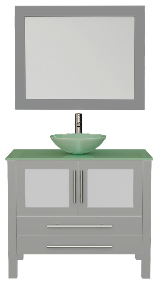 36" Gray Single Vessel Sink Bathroom Vanity, Tempered Glass Top and Sink, Faucet