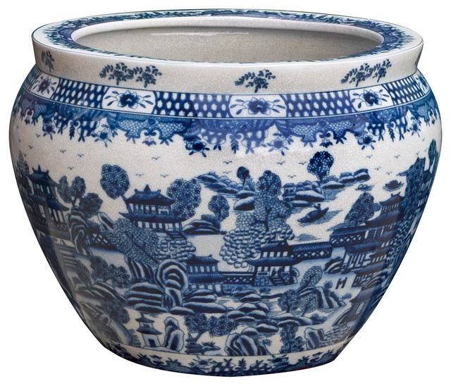 16" Blue Canton Porcelain Fishbowl Asian Indoor Pots And Planters