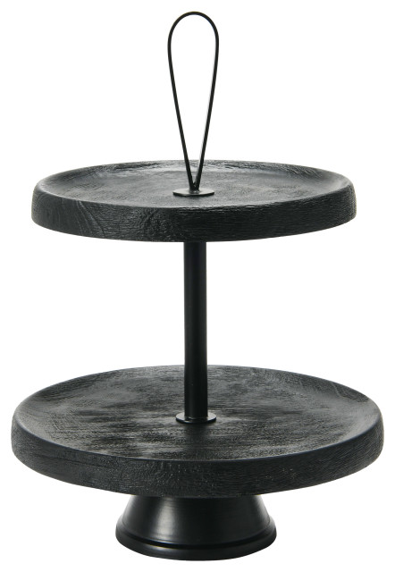 Elegant Modern 2-Tiered Tray Cake Stand, Black Mango Wood, Small