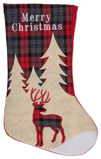 19" Green and Red Plaid Reindeer With Forest Trees Christmas Stocking