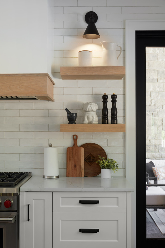 White Modern Kitchen with White Oak Floating Shelves - Farmhouse ...