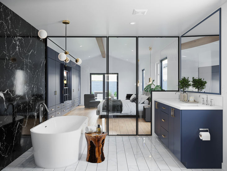 Photo of a mid-sized modern master bathroom in Los Angeles with shaker cabinets, blue cabinets, a freestanding tub, black tile, stone slab, granite benchtops, white benchtops, a double vanity, a built-in vanity, an alcove shower, an undermount sink, a hinged shower door, a one-piece toilet, black walls, porcelain floors, white floor, a niche and vaulted.