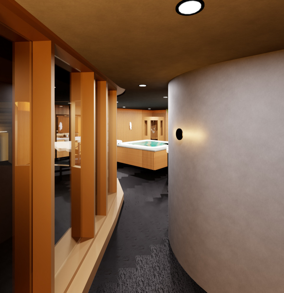 Photo of a small scandinavian bathroom in Melbourne with flat-panel cabinets, medium wood cabinets, a freestanding tub, an open shower, gray tile, grey walls, ceramic floors, with a sauna, an undermount sink, granite benchtops, black floor, grey benchtops, a single vanity, a built-in vanity and wood walls.