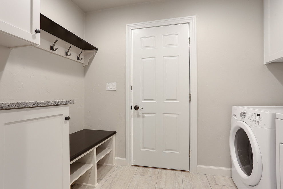 Mudroom - small transitional vinyl floor and gray floor mudroom idea with gray walls