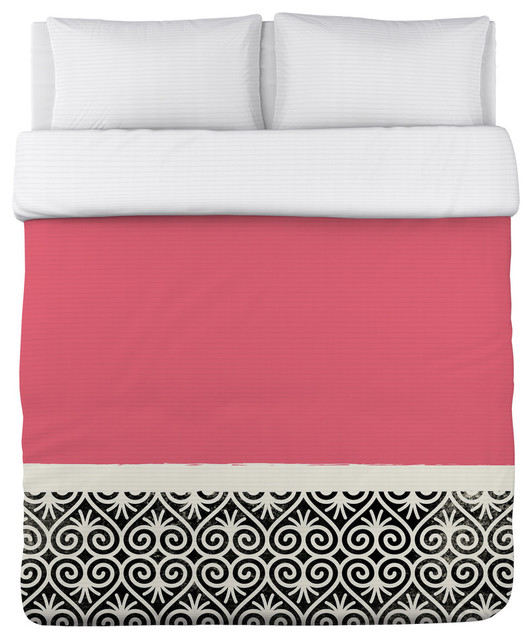 Kalli, Pink Black Cream Duvet Cover, Queen Contemporary Duvet