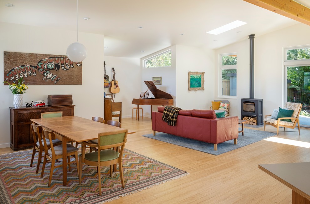 This is an example of a midcentury dining room in Seattle with medium hardwood floors.
