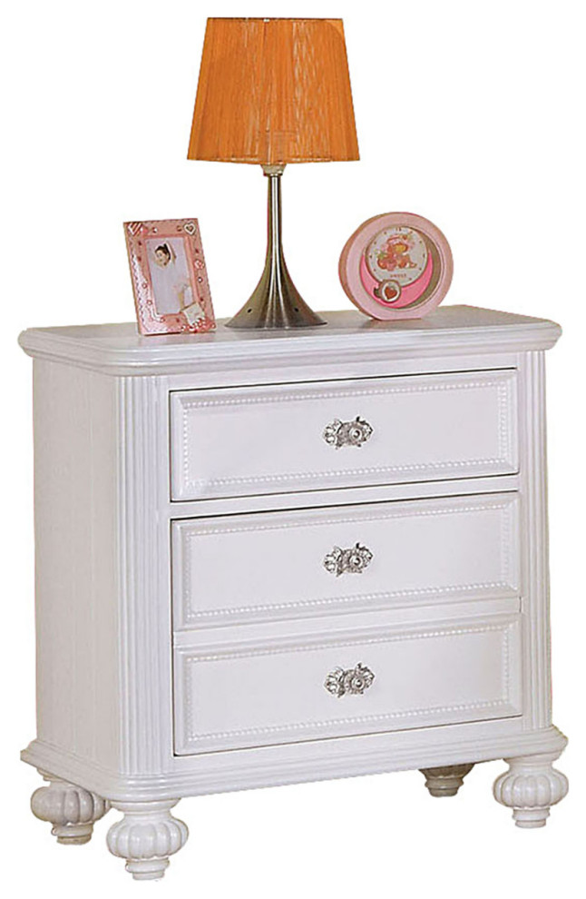 Transitional Wooden Three Drawers Nightstand with Round Glass Knobs, White Traditional
