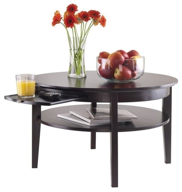 Pemberly Row Round Solid Wood Coffee Table with Pull out Tray in Dark ...