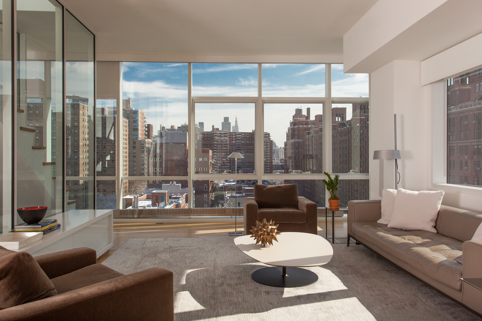 Mid-sized trendy formal and open concept living room photo in New York with white walls