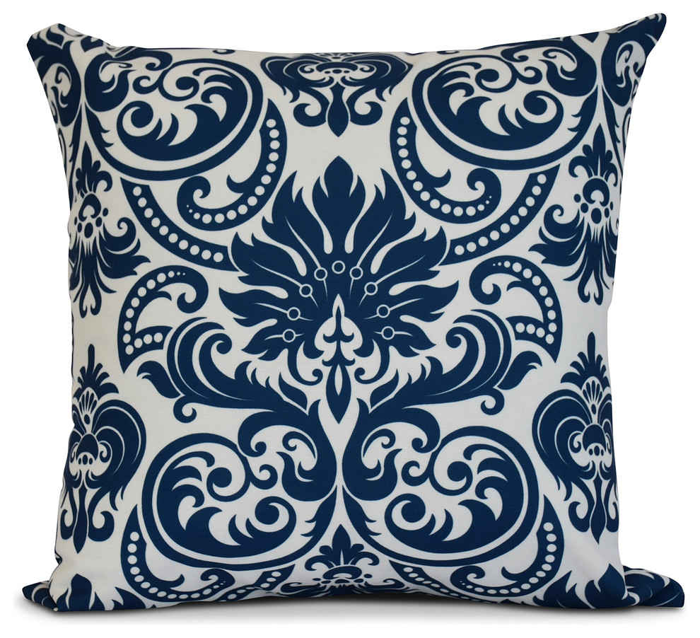 16x16", Floral Outdoor Pillow, Blue, 16"x16" Contemporary Outdoor