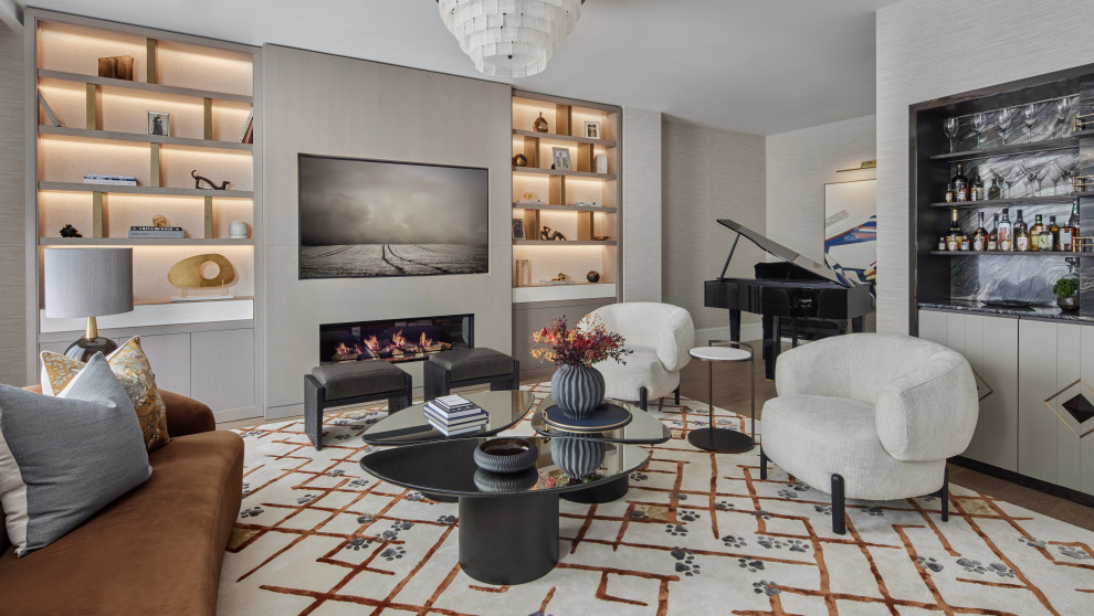 Photo of a medium sized contemporary living room in London with wallpapered walls, a music area, grey walls, dark hardwood flooring, a ribbon fireplace, a wall mounted tv and brown floors.
