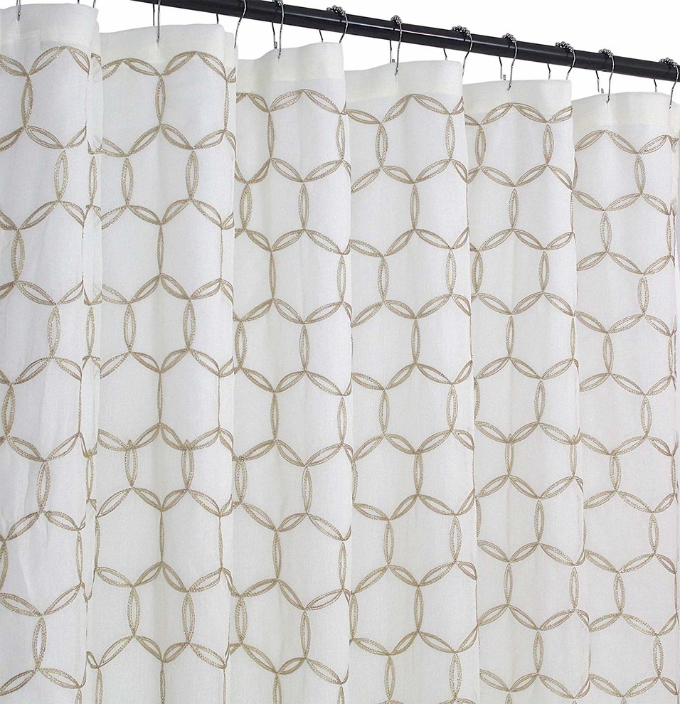 Beige Gold Fabric Shower Curtain Embroidered Decorative Sheer