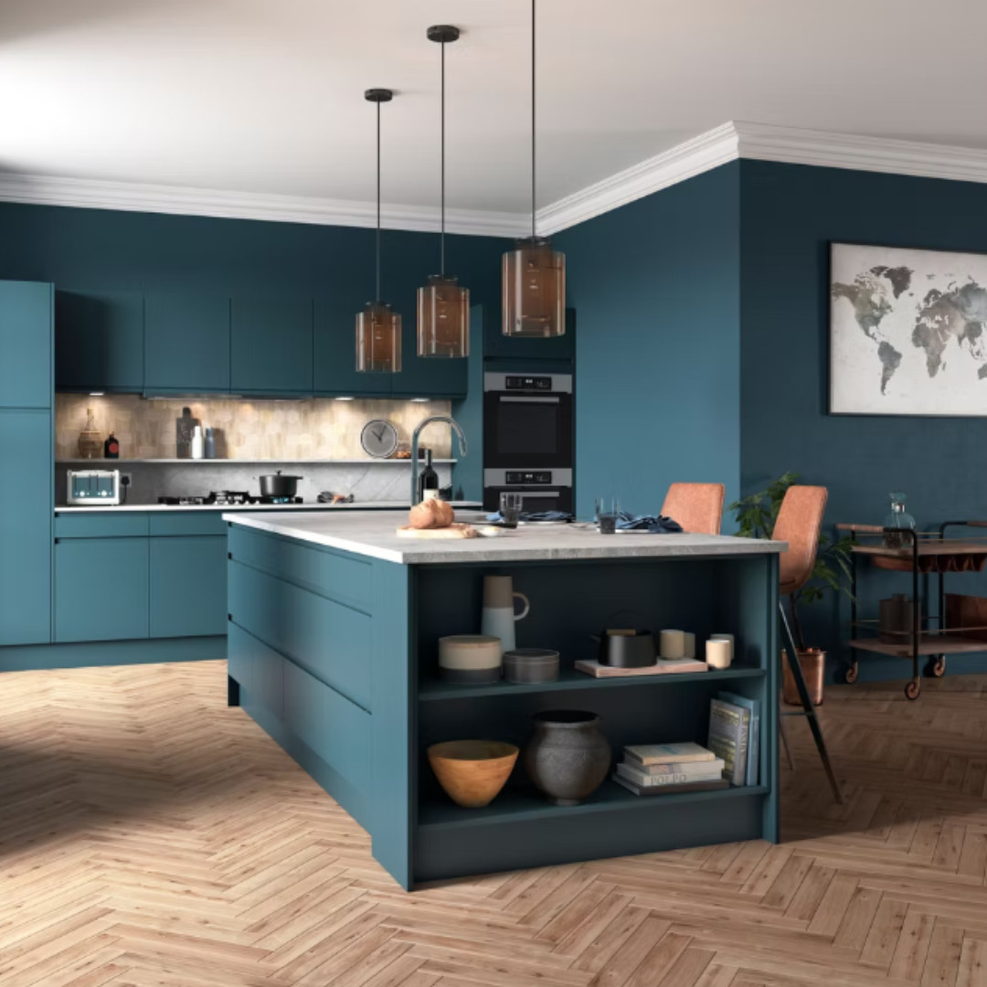 Stylish handleless kitchen featuring J pull and Gola-style doors, ideal for homes in Loughborough and surrounding Leicestershire areas seeking a seamless, modern look.