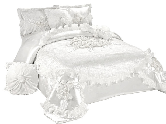 6 Piece White Sweet Victorian Satin Comforter Bedding Set