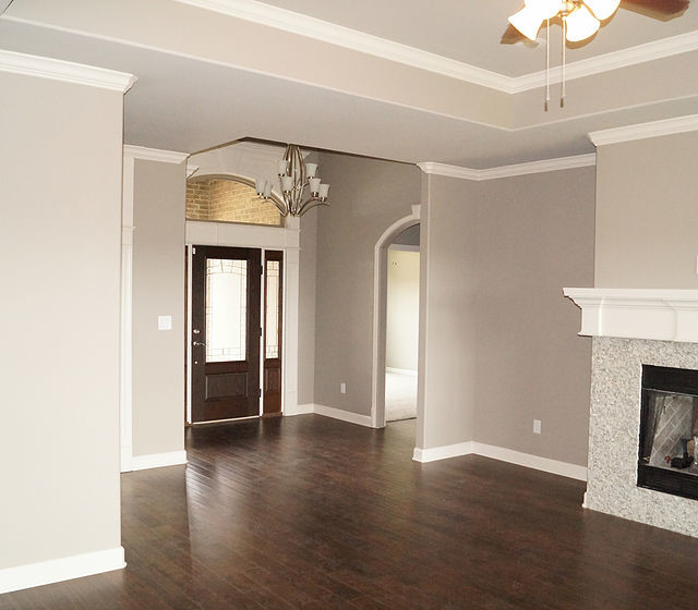 Design ideas for a mid-sized modern foyer in Little Rock with grey walls, dark hardwood floors, a single front door and a dark wood front door.